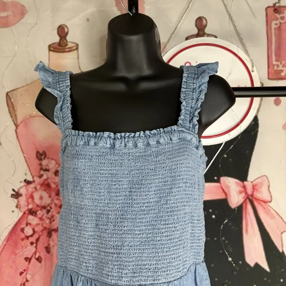 J. Crew Chambray Smocked Tiered Cotton Sun Dress Sz S